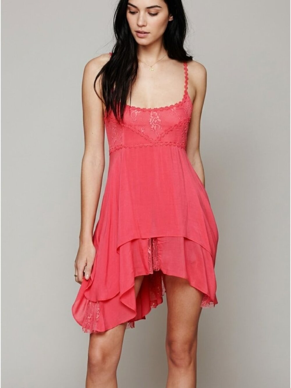 RARE Free People Rose Pieced Together Layered Lace Trim Mini Slip Dress S Boho